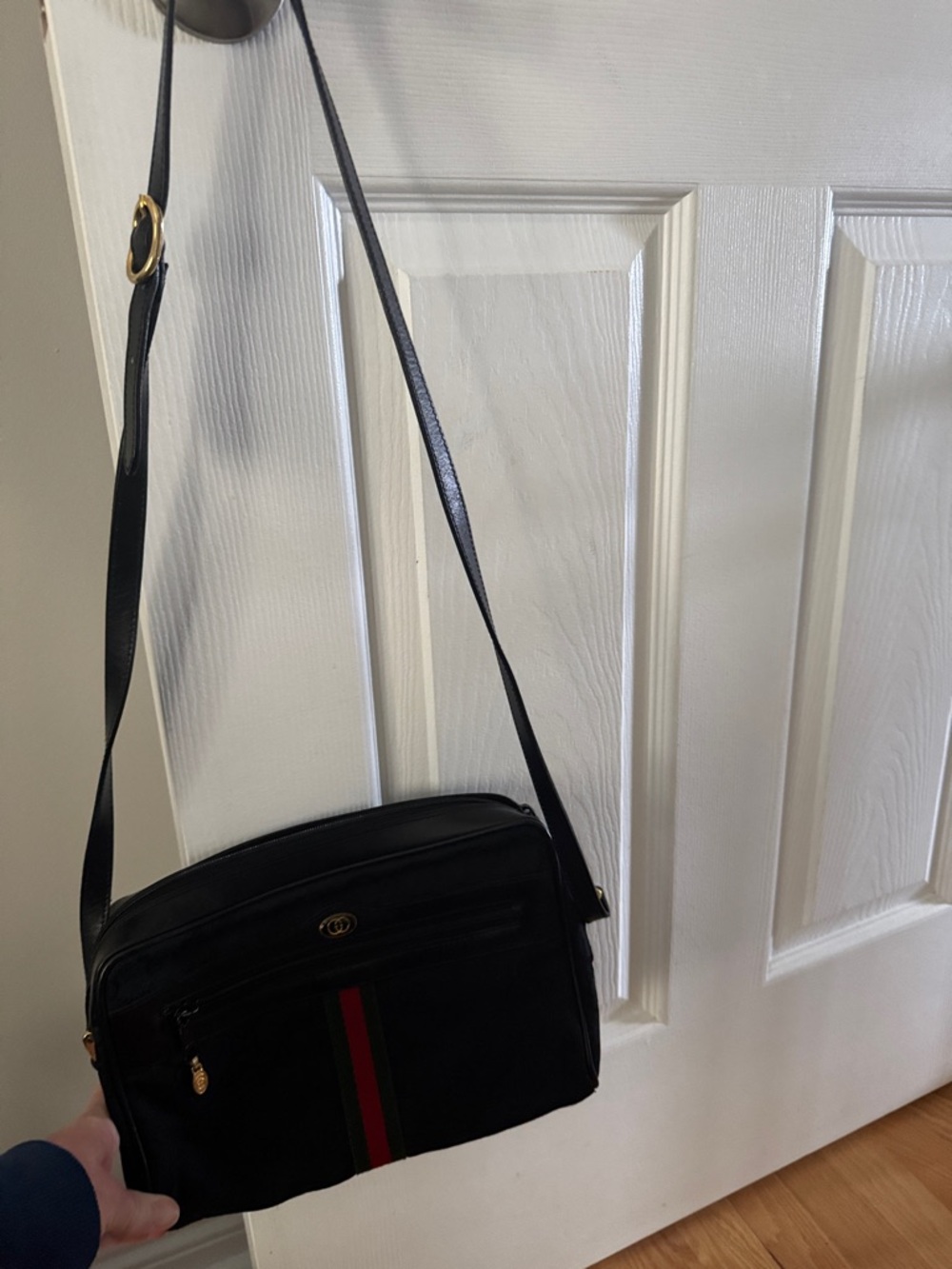 Gucci Black Shoulder Bag with Red and Green Stripe